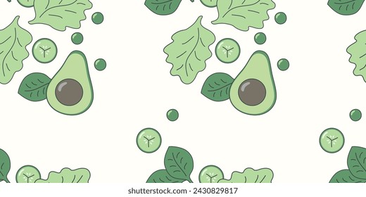 Green seamless pattern with vegetables, lettuce, avocado, basil, cucumber, polka dots on white background. Vector illustration EPS10