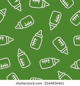 Green seamless pattern with white baby bottles