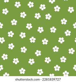 Green seamless pattern with white flowers