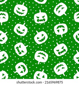 Green seamless pattern with white halloween pumpkin.
