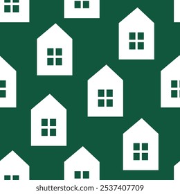 Green seamless pattern with white house