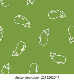 Green seamless pattern with white outline eggplant