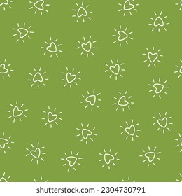 Green seamless pattern with white outline hearts