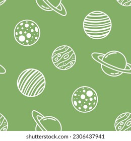 Green seamless pattern with white outline planets