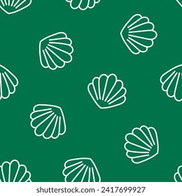 Green seamless pattern with white outline seashell