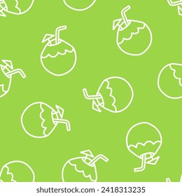 Green seamless pattern with white outline coconut drink