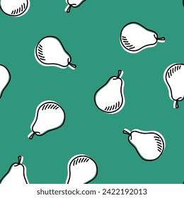 Green seamless pattern with white pears and black outline