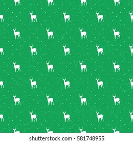 Green seamless pattern with white reindeers. Vector texture for web pages, wallpaper, tablecloth, packaging, wrapping paper, textile, background for invitation card or holiday decor.