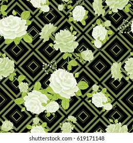 Green seamless pattern with white roses on a dark striped background.Geometric and floral ornament.Summer Vector illustration.Print for book covers,textile,fabric,wrapping paper,scrapbooking.