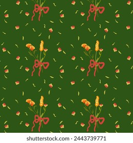 Patrón verde sin costuras con flores silvestres. Fondo floral de otoño en estilo retro. Fondo decorado para papel pintado y tela con un ramo. Para ropa de cama, tela y ropa. Ilustración de vector
