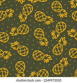 Green seamless pattern with yellow outline pineapples