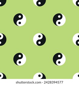Green seamless pattern with yin and yang symbols