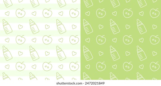 Patrones verdes sin costuras con biberones y manzanas. Nutrición infantil, bebida y alimentos para bebés y niños recién nacidos en botellas con chupete y escala de Regla, fondo lindo de contorno de Vector