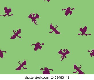 Green seamless patternt with little silhouettes of pixel brown dragons. Pixel artvector for new year 2024 package, textile, mens clothing, packaging, wallpaper, apparel fabric, home decor.