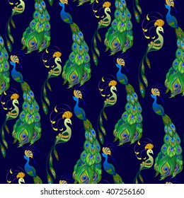 Green seamless peacock birds pattern background. Couple peacock birds with blue background. Green feathers birds seamless pattern background. Indian or brazilian pattern Vector illustration