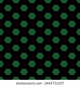 Green seamless polka dot pattern vector, Black background. Pencil drawing style