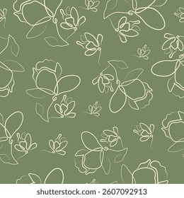 green seamless poster pattern with flowers, namely with open magnolia buds in line art style	