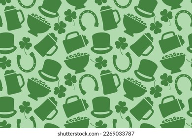 green seamless St. Patrick's day pattern with shamrock, horseshoe, beer pint, pot with coins and hat icons - vector illustration