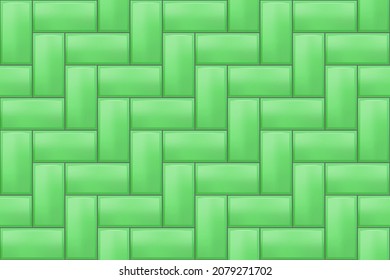 Green Seamless Subway Herringbone Tile Pattern. Brick Background. Vector Metro Wall Or Floor Texture. Interior Glossy Mosaic Grid With Rectangle Elements.