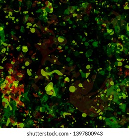 Green seamless texture with blots. Shiny bubbles on dark backdrop