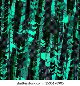 Green seamless texture on dark backdrop. Blots, dots, arrows. Abstract vector background for web page, banners backdrop, fabric, home decor, wrapping