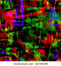 Green seamless texture with red and blue inclusion. Spots and curved stripes. Abstract vector background for fabric, wrapping