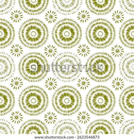 Green seamless tie dye pattern with radial swirls inspired by hippie fashion retro textile design for summer backgrounds fabric prints home decor vintage boho style colorful vector spiral background
