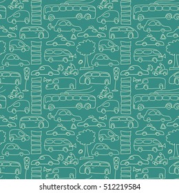 Green seamless transport background pattern with trees cars motos and others isolated transport elements vector illustration