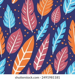 Green Seamless Trendy Plumage Fabrics Wallpaper. Orange Repeated Decoration Feathers Shape, Seamless Background. Bright Seamless Color Quill Ornament Pattern. Plumage
