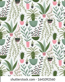 Green seamless tropical floral pattern. Vector repeat background with house plants in hand-drawn style.