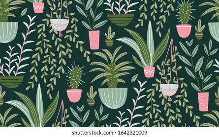 Green seamless tropical floral pattern. Vector repeat background with house plants in hand-drawn style.