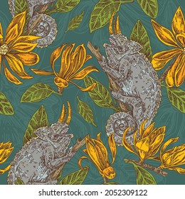 Green seamless tropical pattern with chameleon and magnolia champaca flowers. Engraving style. Vector illustration.