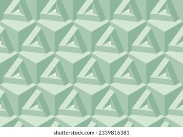 Green seamless vector 3D geometric pattern with cubes and optical illusions. Op Art. Modern pastel color template for wrapping, cards, fabric, packing. Endless background. Wallpapers. 3D Tile