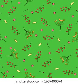 Green seamless vector background with berries and petals