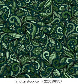 GREEN SEAMLESS VECTOR BACKGROUND WITH COMPLEX MULTICOLORED FLORAL ORNAMENT