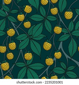 GREEN SEAMLESS VECTOR BACKGROUND WITH YELLOW BLACKBERRY FRUITS