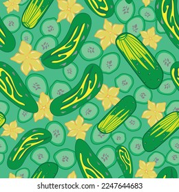 Green seamless vector cucumber pattern with pickles, cucumber slices and yellow flowers. Funny, cartoon-like and fresh, perfect for food or cosmetic packaging, menu cards, kids projects.