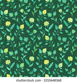 Green seamless vector floral pattern with yellow flowers