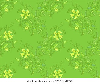 Green seamless vector  floral pattern with ivy plants with yellow-green ipomoea flowers