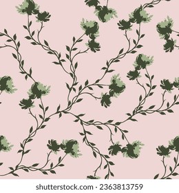 green seamless vector flowers leaves pattern on pink background