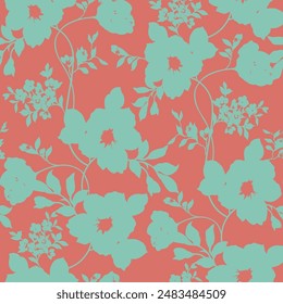 green seamless vector flowers leaves pattern on orange background