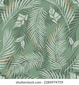 green seamless vector leaf pattern on green background