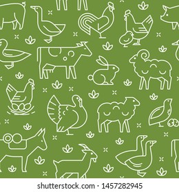 Green seamless vector pattern of farm animals, buildings, equipment and other elements in two colors. Consists of vector line style icons.