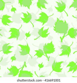 Green seamless vector pattern with hand drawn sycamore leaves. Background with silhouettes of different maple leaves. 