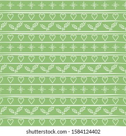 Green seamless vector pattern with hearts and snowflakes in ethnic style. Christmas repeat pattern.  Image for printing on paper, wallpaper, covers, fabrics.