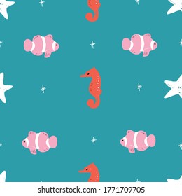Green Seamless vector repeat pink red and green ocean animals pattern. This pattern has starfish, turtles, whales, clownfish, whales, and a turtle.