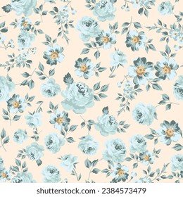 green seamless vector stock flowers leaves pattern on cream background