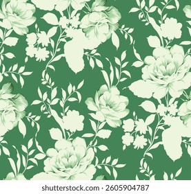 green seamless vector stock flowers leaves pattern on green background
