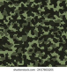 Green Seamless War Digital Camouflage Background. Repeated Black Abstract Vector Military Texture.  Desert Seamless Modern Graphic Combat Art. Beige Pixel Commando Print. 
