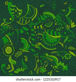 Green seamless zentangle abstract forest texture with mandalas and leaves